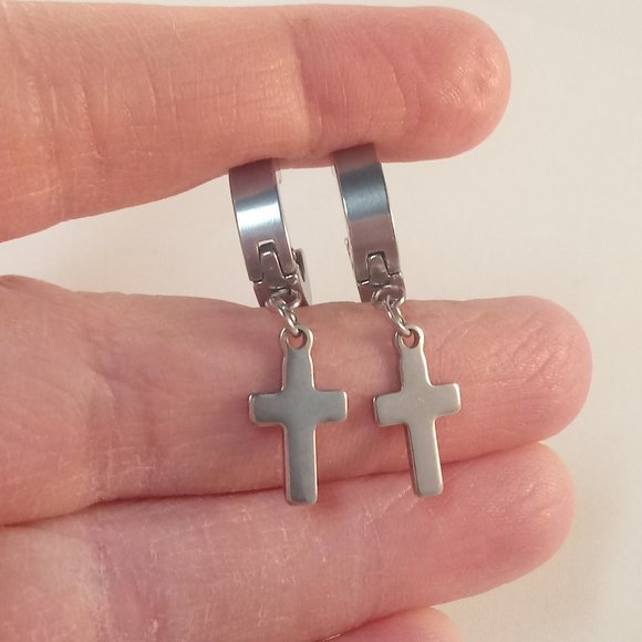 Mens Silver Stainless Steel Cross Hoop Huggie Dangle Earrings 14mm Party Gift - Picture 2 of 4